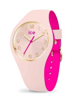 Rosa Silikon-Uhr mit rundem Gehäuse, goldenen Akzenten, goldenen Stundenmarkern, pinken Zeigern und einem fuchsiafarbenen Armband; zeigt die Marke "ice" auf dem Zifferblatt.