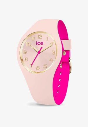Rosa Silikon-Uhr mit rundem Gehäuse, goldenen Akzenten, goldenen Stundenmarkern, pinken Zeigern und einem fuchsiafarbenen Armband; zeigt die Marke "ice" auf dem Zifferblatt.