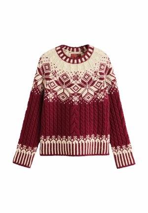 Pull en grosse maille bordeaux et crème avec motif flocon de neige nordique et texture torsadée, manches longues, poignets et base côtelés.