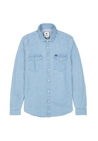 Lichtblauwe denim blouse met lange mouwen, een knoopsluiting aan de voorkant, twee borstzakken met klep en een klassieke kraagontwerp.