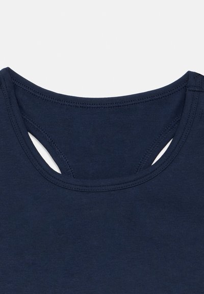 Tengerészkék ujjatlan felső lekerekített nyakkivágással és a hátán kulcslyuk részlettel. Puha, sima anyagból készült, matt felülettel.