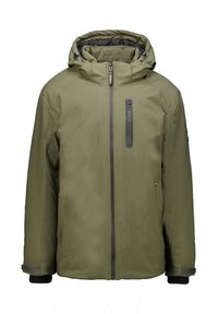 Groene waterdichte jas met een capuchon, ritssluiting aan de voorkant en een ritszak op de borst. Voorzien van elastische manchetten en een gladde, gestructureerde afwerking.