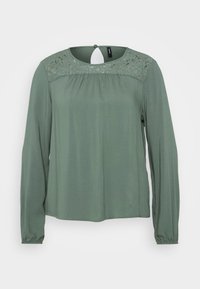 Langermet grønn bluse med blondeinnsats ved utringningen, rynkedetaljer og knappelukking bak. Myk og glatt tekstur.