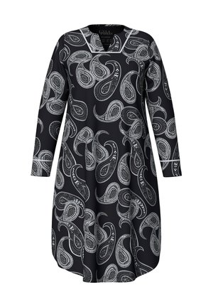 Vestido negro de mangas largas con un patrón de paisley blanco. Diseño de escote en V con una silueta ligeramente acampanada y mangas con puños.