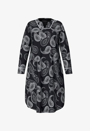 Zwarte jurk met lange mouwen met een wit paisleypatroon. V-halsontwerp met een licht uitlopende silhoutte en manchetmouwen.