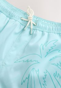 Lichtblauwe zwembroek van soepel materiaal, met een elastische tailleband, trekkoordsluiting en een subtiele palmboomafbeelding in donkerblauw.