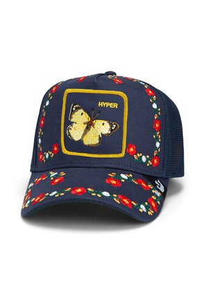 Navy cap featuring embroidered butterfly graphic, "HYPER" text, and floral motifs in red and white. Mesh back with adjustable strap.