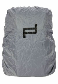 Bolsa de almacenamiento gris hecha de tela arrugada, con un destacado logo negro. La bolsa tiene una parte superior redondeada y está elástica en la abertura.
