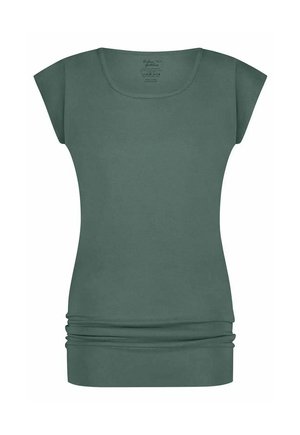 Grünes Kurzarm-Top mit rundem Ausschnitt, figurbetontem Schnitt und geraffter Textur an der Taille. Hergestellt aus einem weichen, dehnbaren Material.