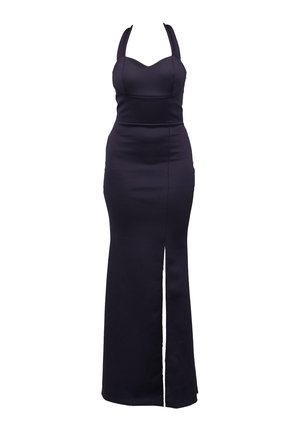 Robe de soirée ajustée bleu marine avec un décolleté en forme de cœur, des bretelles halter et une fente sur le devant. Fabriquée dans un tissu extensible à la texture lisse.