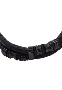 Black leather bracelet featuring braided texture, round metal accents, and a clasp. Smooth and matte surfaces create a contrasting design.