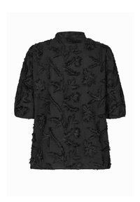 Blusa nera con ricami floreali intricati, superficie testurizzata, maniche corte e colletto classico, che presenta un design a vestibilità ampia.