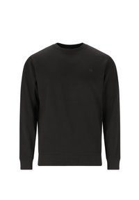 Svart sweatshirt med rund halsringning, långa ärmar och ribbade manchetter. Har minimal varumärkeslogotyp i en subtil ton på framsidan.