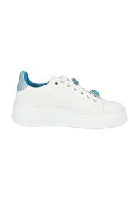 White platform sneakers with a smooth leather upper, blue textile lining, and a glittery blue heel accent. Features metallic eyelets and decorative stones.
