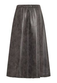 Jupe en simili cuir gris avec une taille élastique, en forme A et texture lisse. Présente un léger brillant et sans ornements.