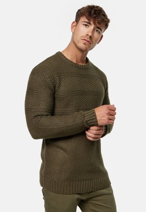 Olivgrüner Strickpullover mit strukturiertem Muster und geripptem Ausschnitt. Verfügt über gerippte Bündchen und Saum sowie ein lockeres Design.
