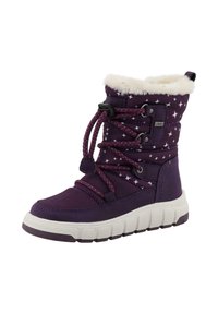 Stivale invernale viola con motivo di stelle bianche, suola spessa bianca, fodera in pelliccia sintetica e lacci regolabili in bungee con chiusura a toggle.