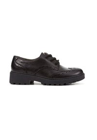 Scarpe stringate in pelle nera con design brogue, caratterizzate da dettagli perforati e una suola in gomma spessa per una migliore aderenza.