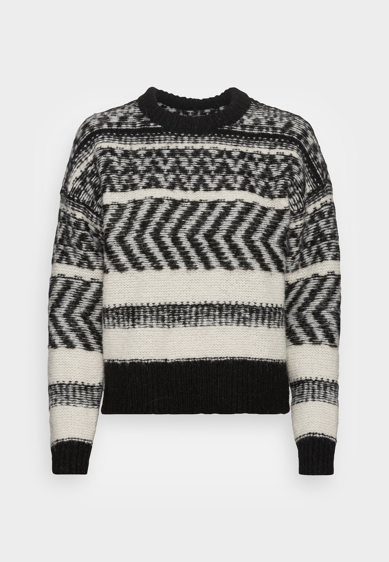 Pull en maille noir et blanc avec motifs rayés horizontaux et chevrons, col, poignets et ourlet côtelés.