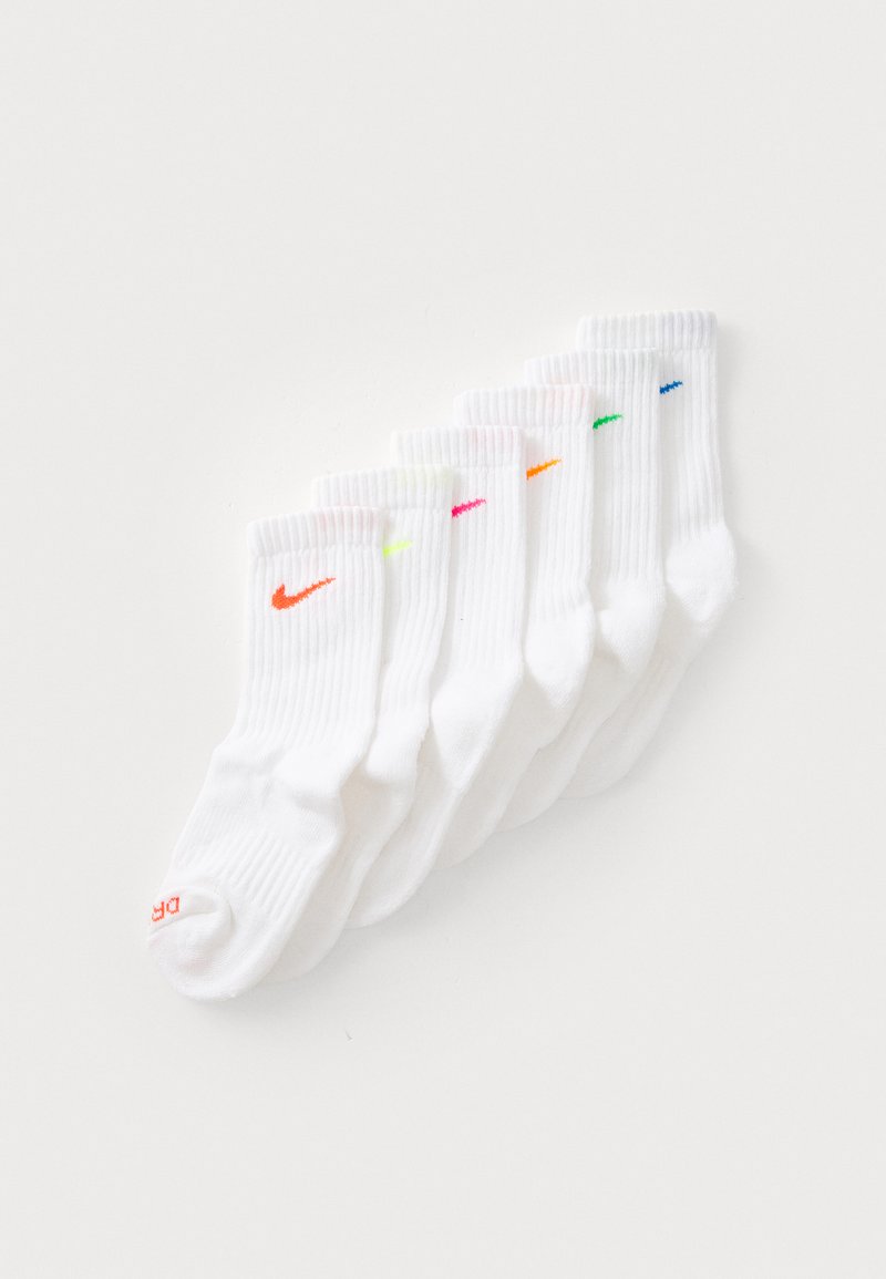 Baltie kokvilnas zeķes, sešu iepakojumā, ar ribotu dizainu, ar maziem Nike logo dažādās neona krāsās: oranžā, rozā, zaļā, zilā un dzeltenā.
