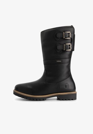 Zwarte leer enkellaars tot halverwege het kalf met twee verstelbare zilveren gespen, een geribbelde zool en contrasterende lichtbruine stiksel in de welt.