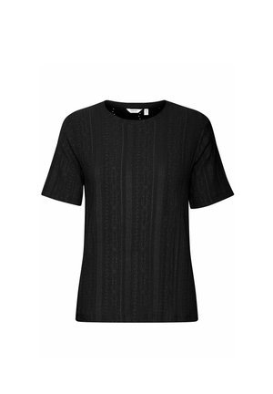 T-shirt noir à manches courtes avec un motif en tricot texturé, comprenant des lignes verticales et de petites découpes. Encolure ronde et ourlet droit.