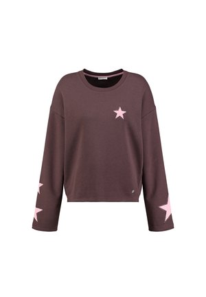 Felpa marrone a maniche lunghe con disegni di stelle rosa sul petto e sulle maniche, scollo a giro e vestibilità comoda.