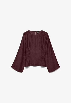 Vínová blůza s kulatým výstřihem, dlouhými zvonovými rukávy, texturovanou látkou a nařasením na stranách, s zadním zapínáním na zip.