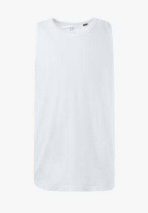 White sleeveless cotton tank top with a crew neckline and a subtle embossed logo at the chest. Smooth texture, straight hemline.