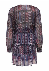 Langærmet gennemsigtig kjole med flerfarvet blomster- og geometrisk mønster, elastisk talje og flæsekant, vist bagfra.