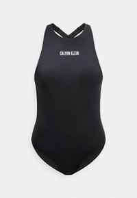 Μαύρο ολόσωμο μαγιό με υψηλό λαιμό, σταυρωτούς ιμάντες στην πλάτη και λευκό λογότυπο "CALVIN KLEIN" στο στήθος.