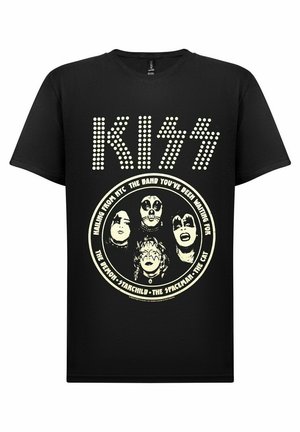 Black t-shirt with large KISS logo made of dots and a circular graphic of the four band members in makeup with their character names around it.