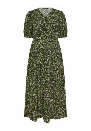 Vestido midi negro con estampado floral verde y blanco, mangas cortas abullonadas y escote en V.