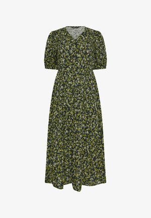 Vestido midi negro con estampado floral verde y blanco, mangas cortas abullonadas y escote en V.