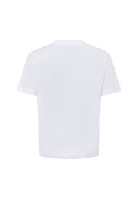 Effen wit T-shirt met korte mouwen, van achteren getoond met een ronde halslijn, op een witte achtergrond.