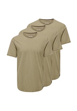 Three short-sleeve crewneck t-shirts in a light olive color. Soft texture with a regular fit and small logo tag on the hem.