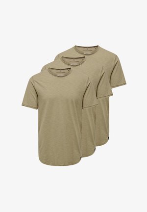 Three short-sleeve crewneck t-shirts in a light olive color. Soft texture with a regular fit and small logo tag on the hem.