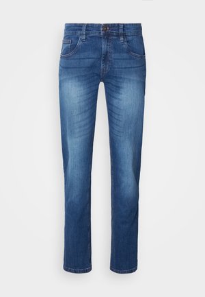 Blue straight-leg denim jeans with faded details, front button and zipper closure, belt loops, and classic five-pocket design.