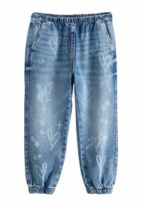 Ljusblå denim-joggers med elastiskt midjeband, sidofickor och svaga vita hjärt- och stjärnmönster över tyget.