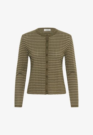 Cardigan verde măsliniu cu mâneci lungi, dungi orizontale albe, guler rotund și închidere frontală cu nasturi.