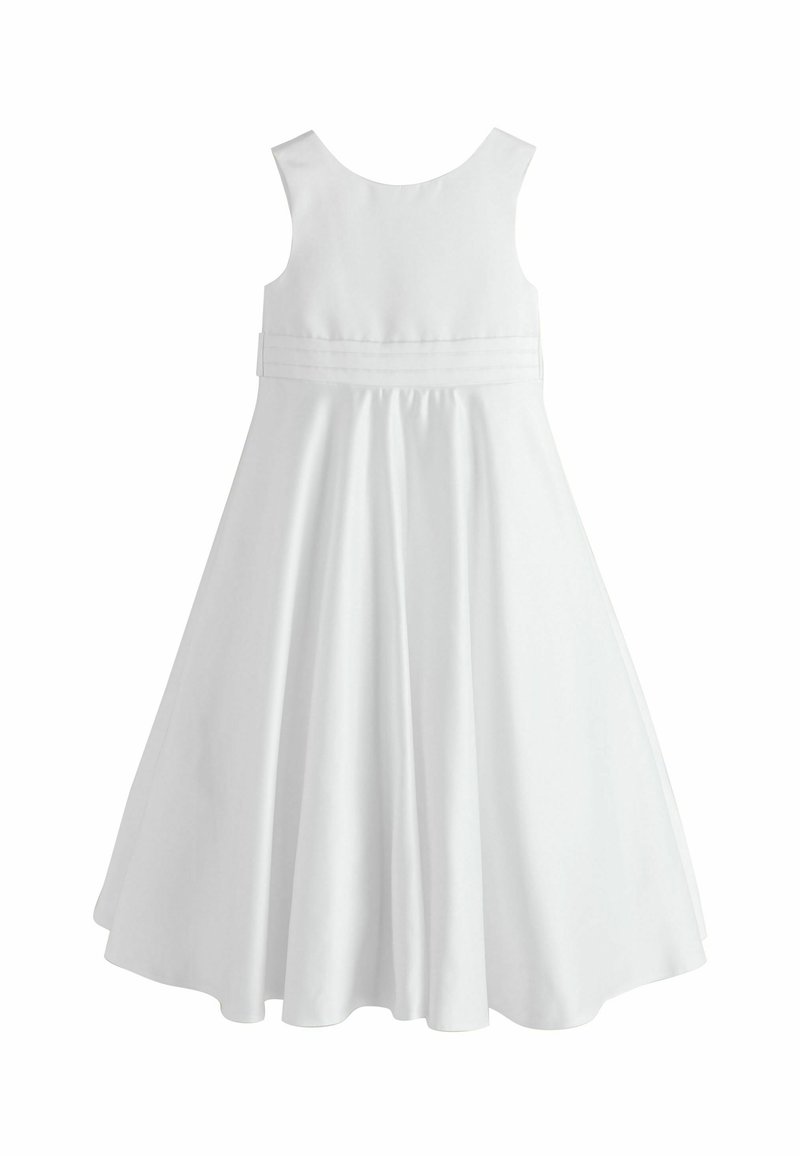 Fehér ruha kör alakú nyakkivágással és ujjatlan kialakítással. Testhez simuló felsőrésszel és bővülő szoknyával, sima anyagból készült.