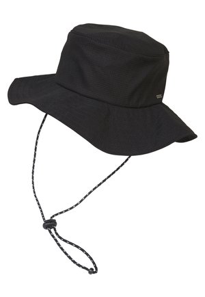 Chapeau de soleil noir à large bord avec tissu texturé et cordon de menton réglable avec bloqueur pour un ajustement sécurisé.