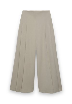 Pantaloni beige a gamba larga con vita alta e pieghe verticali per aggiungere texture e fluidità.
