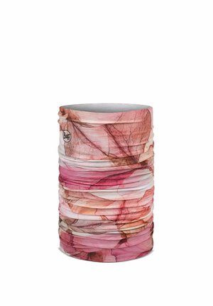 Braga de cuello tubular sin costuras con patrones de hojas en capas rosas y rojas y un pequeño logo de Buff en el lateral.