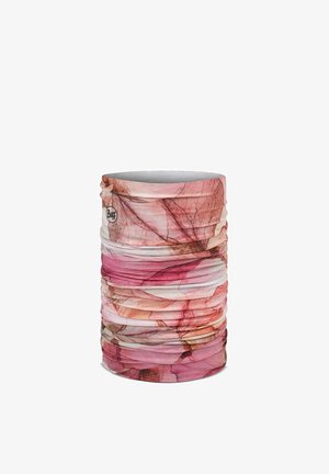 Nahtloser tubularer Halswärmer mit mehrlagigen rosa und roten Blattmustern und einem kleinen Buff-Logo an der Seite.