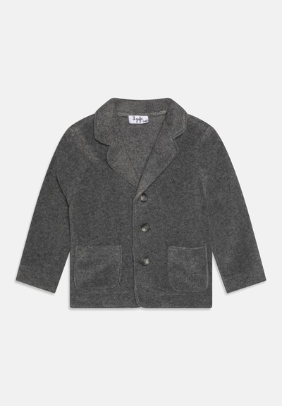 Grauer Wollblazer mit Reverskragen, drei Knöpfen und zwei vorderen Taschen; zeichnet sich durch eine weiche Textur und ein klassisches, maßgeschneidertes Design aus.