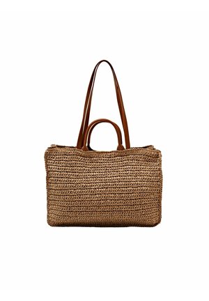 Rechteckige, gewebte Strohtasche mit zwei kurzen und zwei langen braunen Ledergriffen, entworfen zum Tragen in der Hand oder über der Schulter.