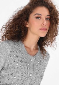 Szary sweter dziany z okrągłym dekoltem, ozdobiony różnymi kamieniami ozdobnymi. Miękka tekstura z lekko puszystym wykończeniem.