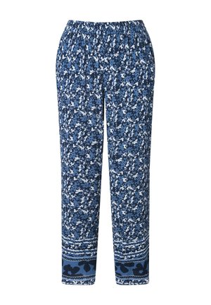 Pantaloni con motivo floreale blu, vita elastica e bordo blu scuro a contrasto con forme astratte agli orli.
