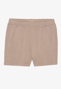 Beige shorts met een elastische tailleband en zijzakken, gemaakt van zachte, lichtgewicht stof. Kenmerkt zich door een gladde textuur en een rechte snit.